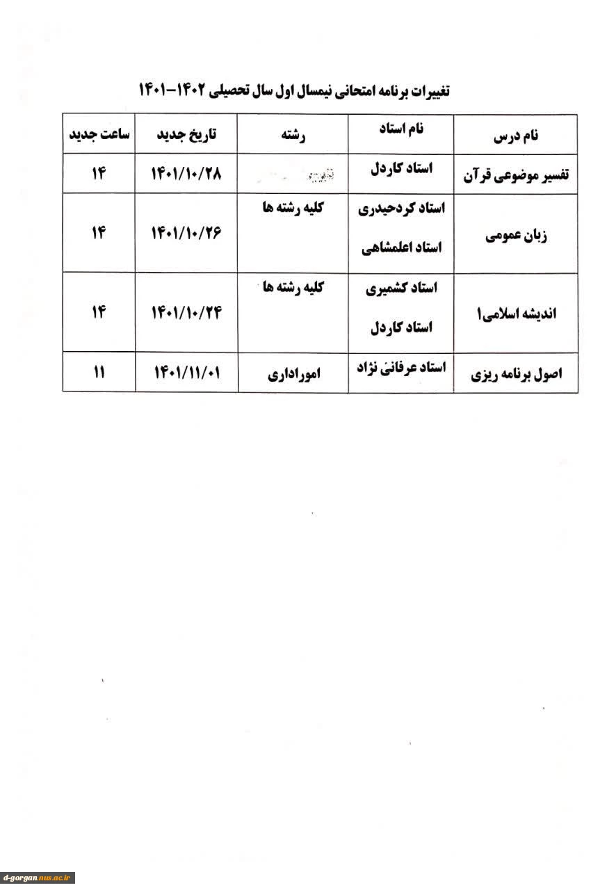 قابا توجه دانشجویان گرامی، برنامه تغییرات امتحانی 2