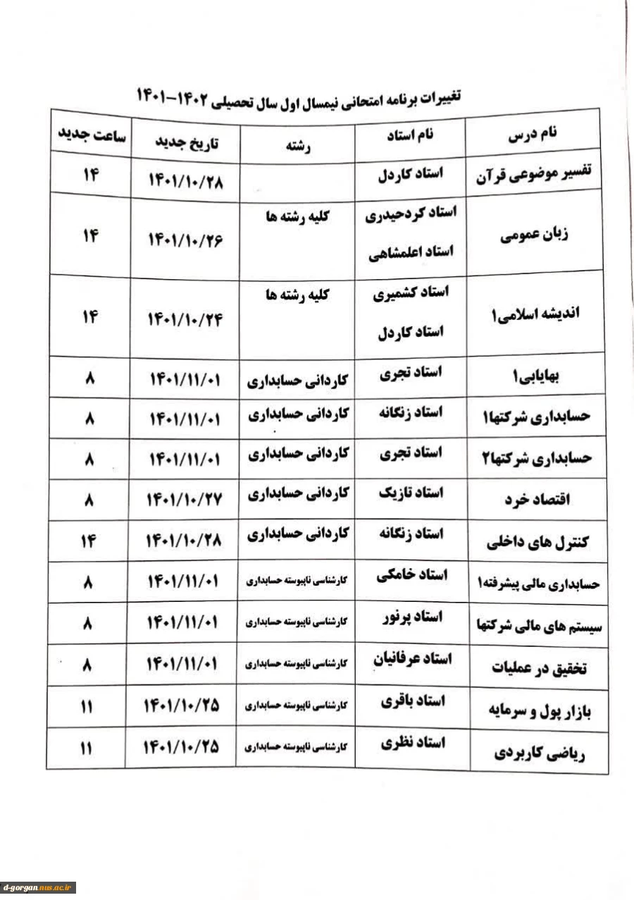 قابا توجه دانشجویان گرامی، برنامه تغییرات امتحانی 5