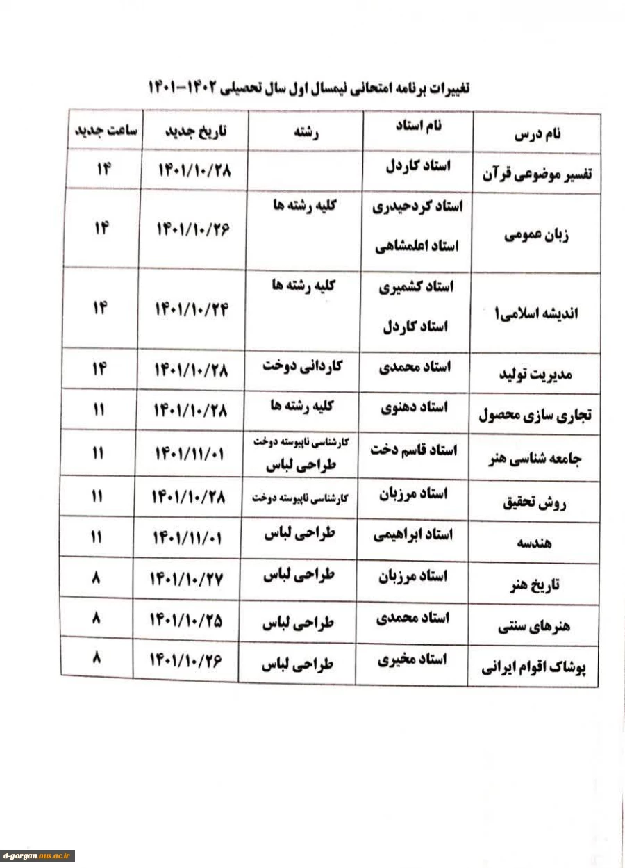 قابا توجه دانشجویان گرامی، برنامه تغییرات امتحانی 7