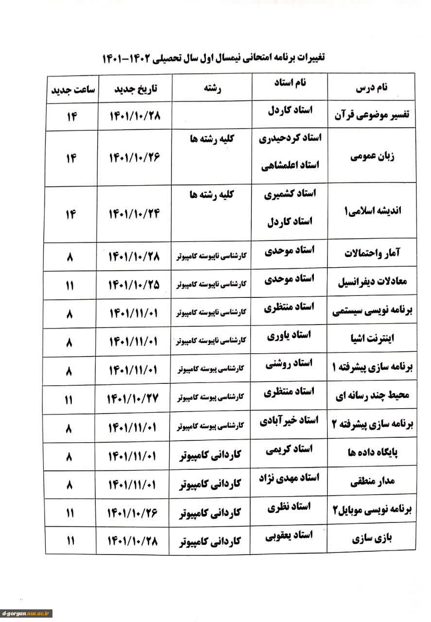 قابا توجه دانشجویان گرامی، برنامه تغییرات امتحانی 8