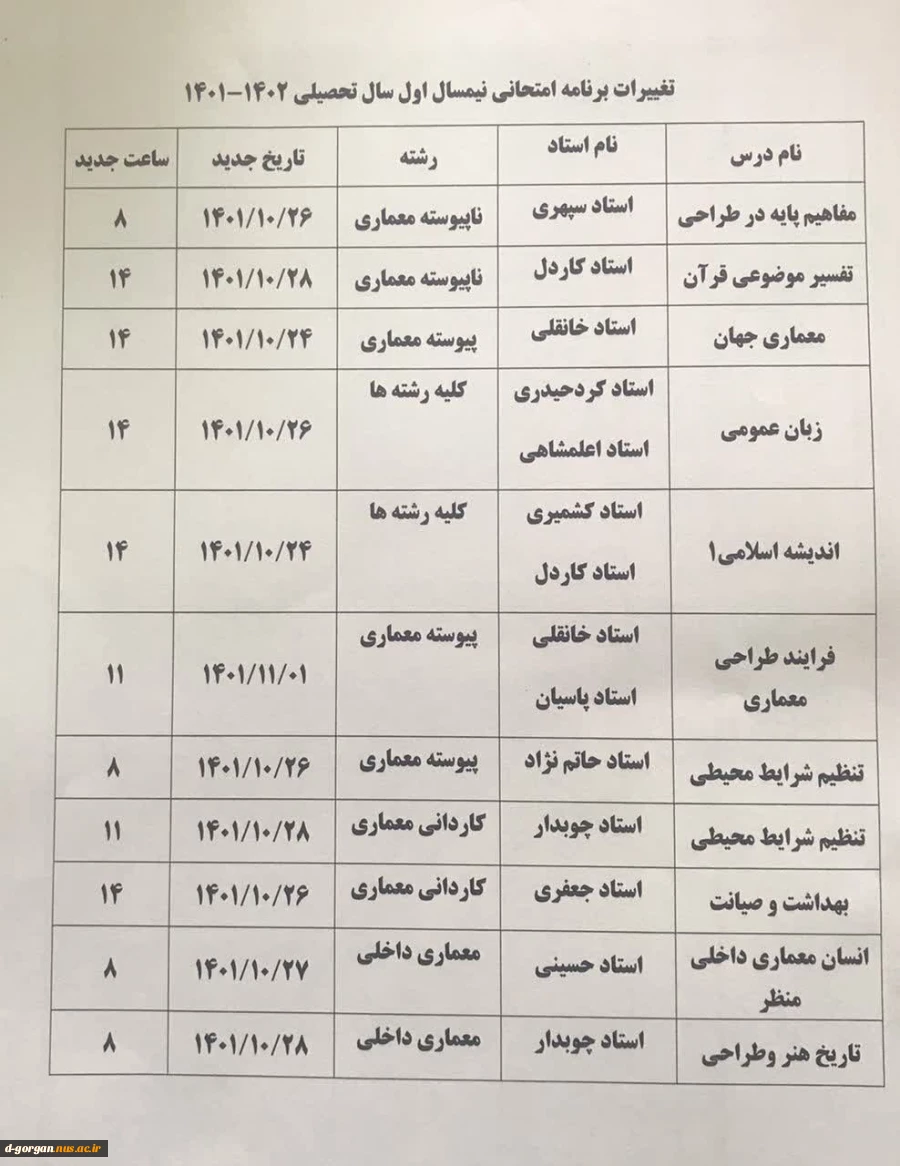 قابل توجه دانشجویان گرامی، برنامه تغییرات امتحانی 2