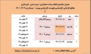 جدول زمانبندی انتخاب واحد حسابداری-تربیت بدنی-اموراداری
مقاطع کاردانی ،کارشناسی ناپیوسته ،کارشناسی پیوسته - نیمسال دوم 1402-1401