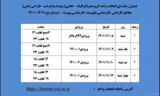 جدول زمانبندی انتخاب واحد گروه هنر(گرافیک- نقاشی) ودوخت(دوخت-طراحی لباس)
مقاطع کاردانی ،کارشناسی ناپیوسته ،کارشناسی پیوسته - نیمسال دوم 1402-1401