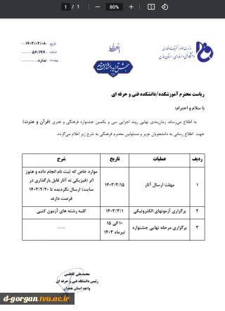 زمانبندی نهایی سی و یکمین جشنواره فرهنگی و هنری(قرآن و عترت)