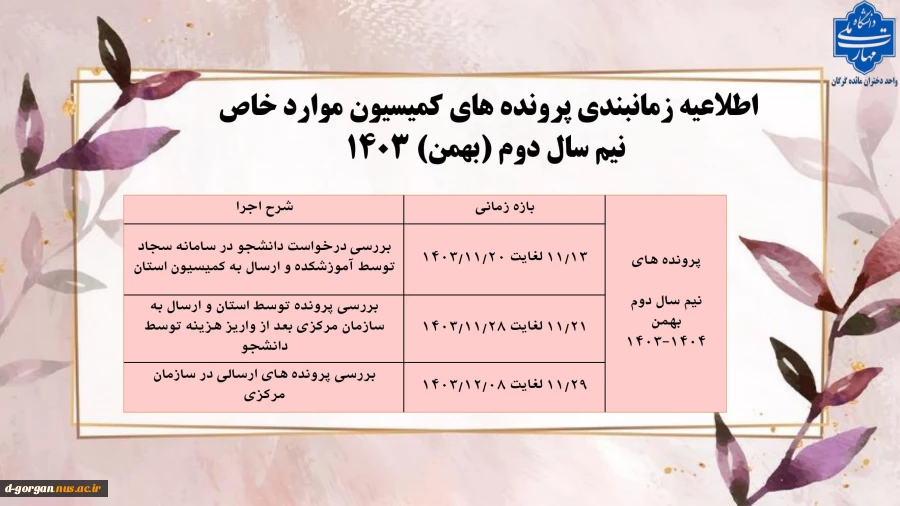 تقویم زمان بندی پرونده های کمیسیون مواردخاص- بهمن 1403 2