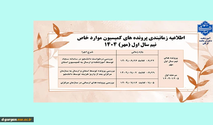 اطلاعیه کمیسیون موارد خاص ترم مهر 1404